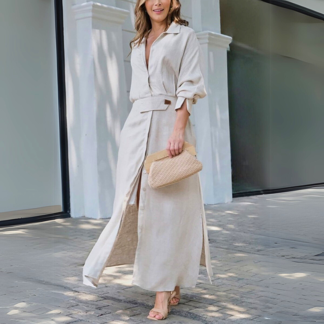 Yara | Elegante Vestido Maxi de Lino con Escote en V