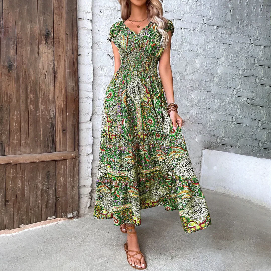 Elara | Vestido Maxi de Manga Abullonada Bohemio