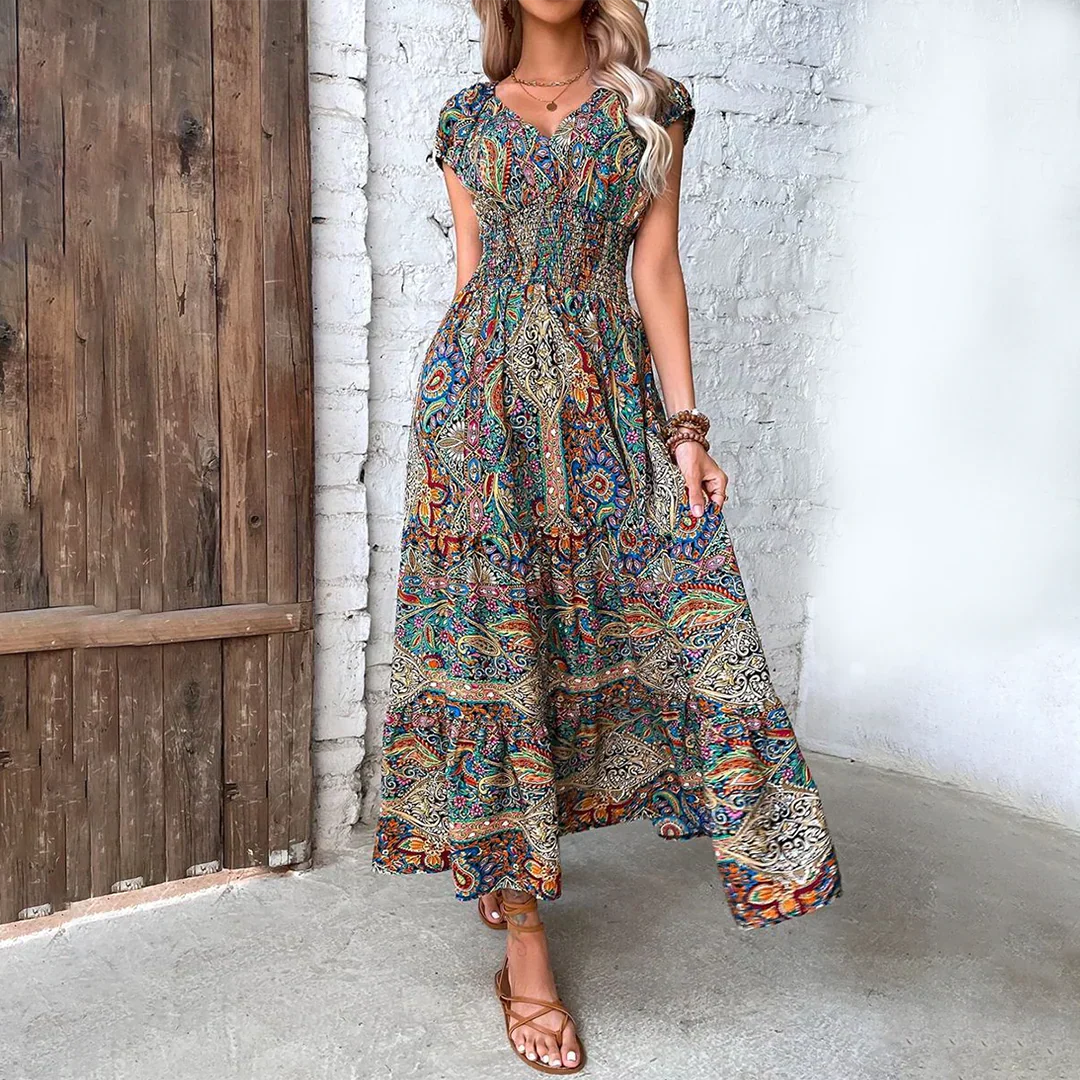 Elara | Vestido Maxi de Manga Abullonada Bohemio