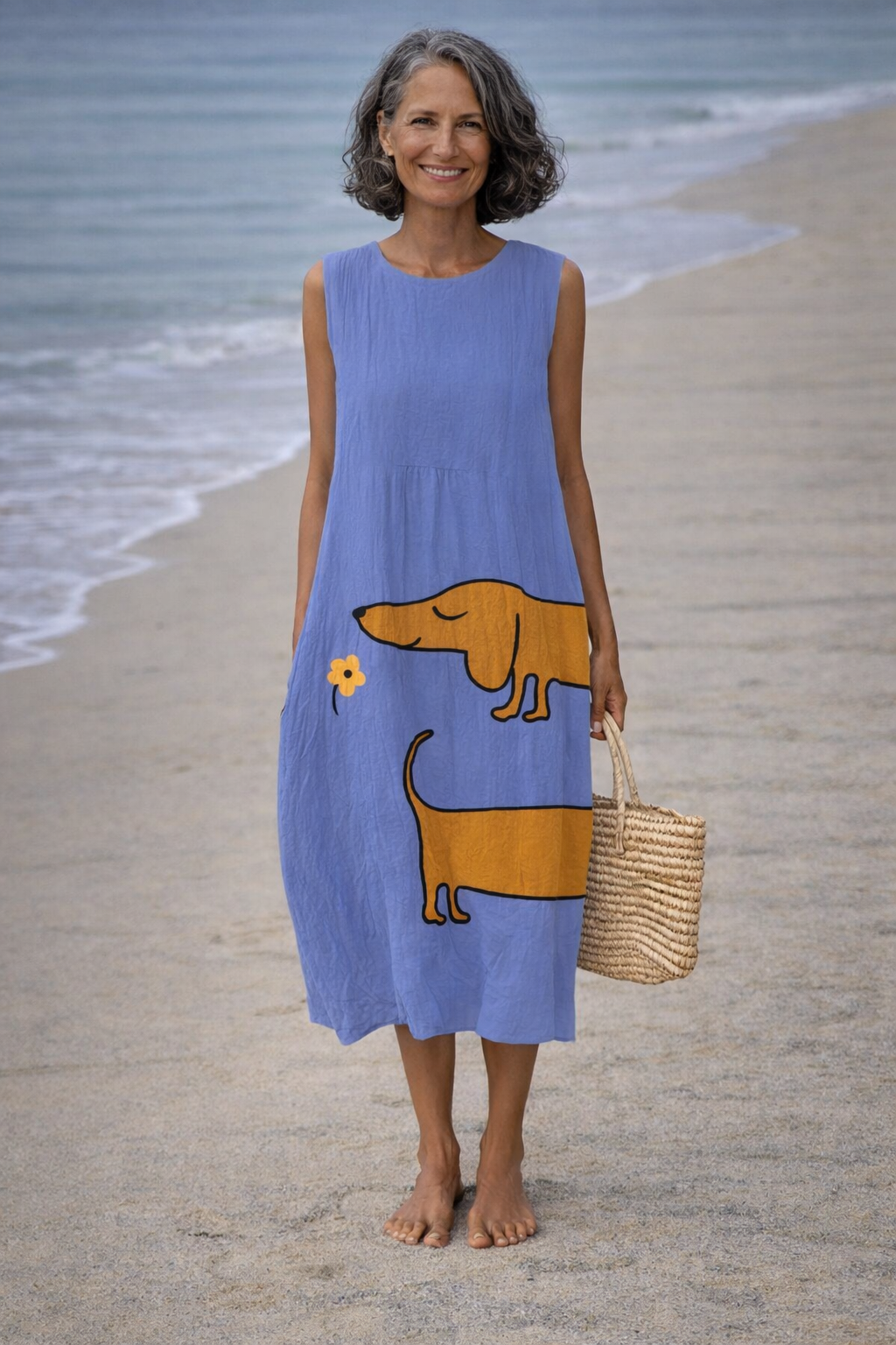 Julia | Vestido de lino para mujer con estampado de perro salchicha