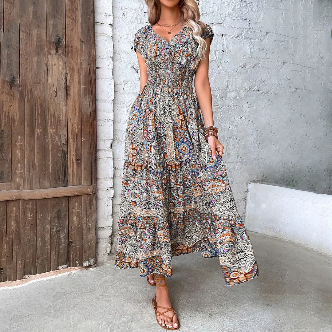 Elara | Vestido Maxi de Manga Abullonada Bohemio