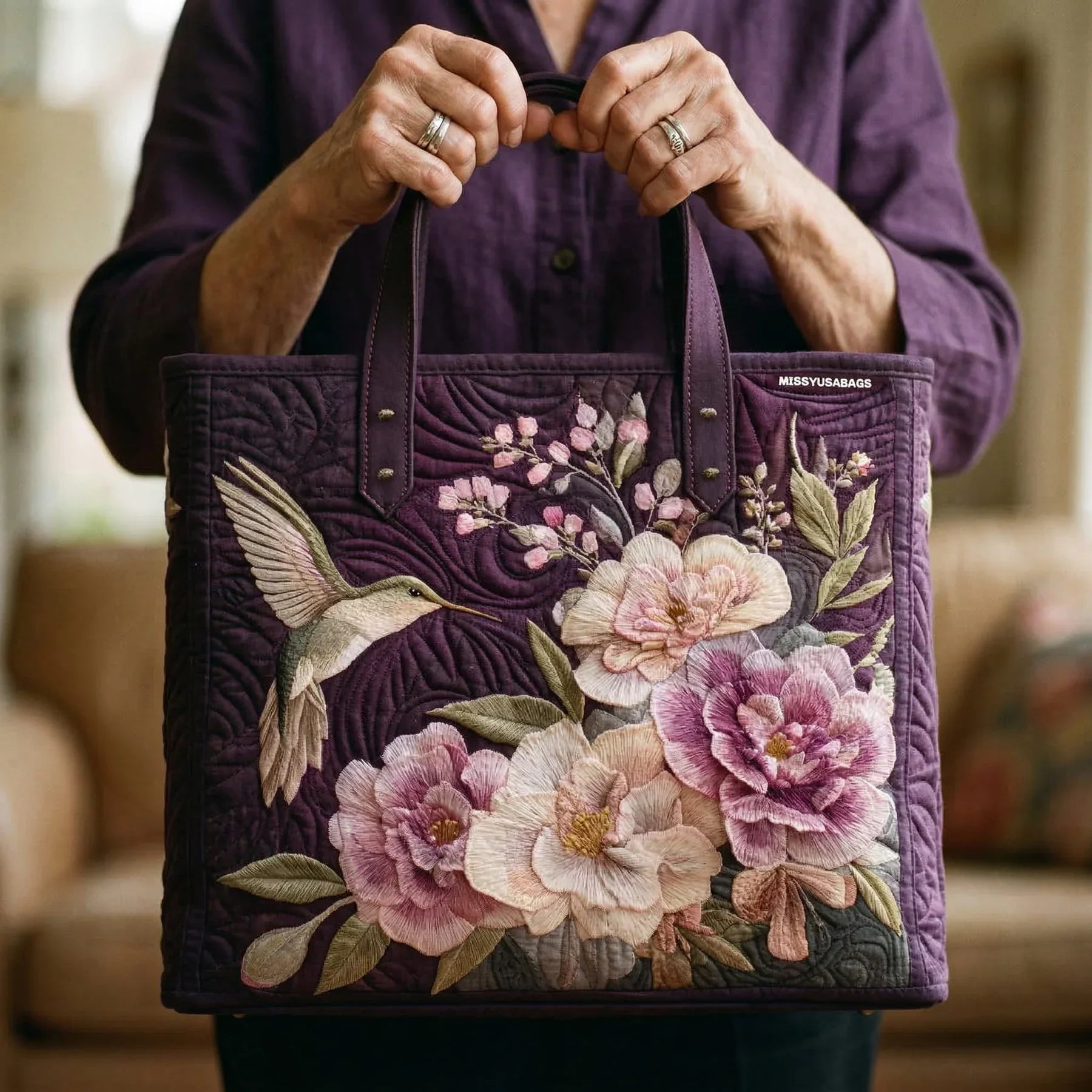 Bolso Artisanal Acolchado - Colibríes y Orquídeas